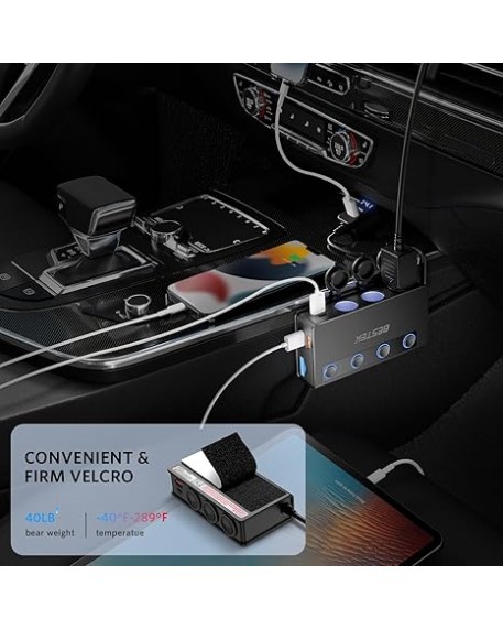 BESTEK 180W Cigarette Lighter Adapter Splitter with PD36W/65W and QC3.0 18W LED Voltage Display for 12V/24V Vehicles Black